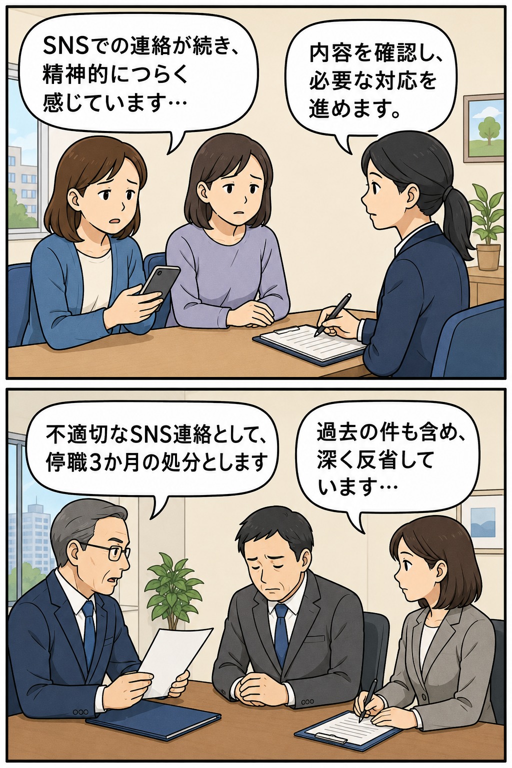 SNSでの一方的な連絡に精神的苦痛を訴える女性2人と、不適切なSNS連絡により停職3か月の懲戒処分を受ける市職員を描いた漫画イラスト