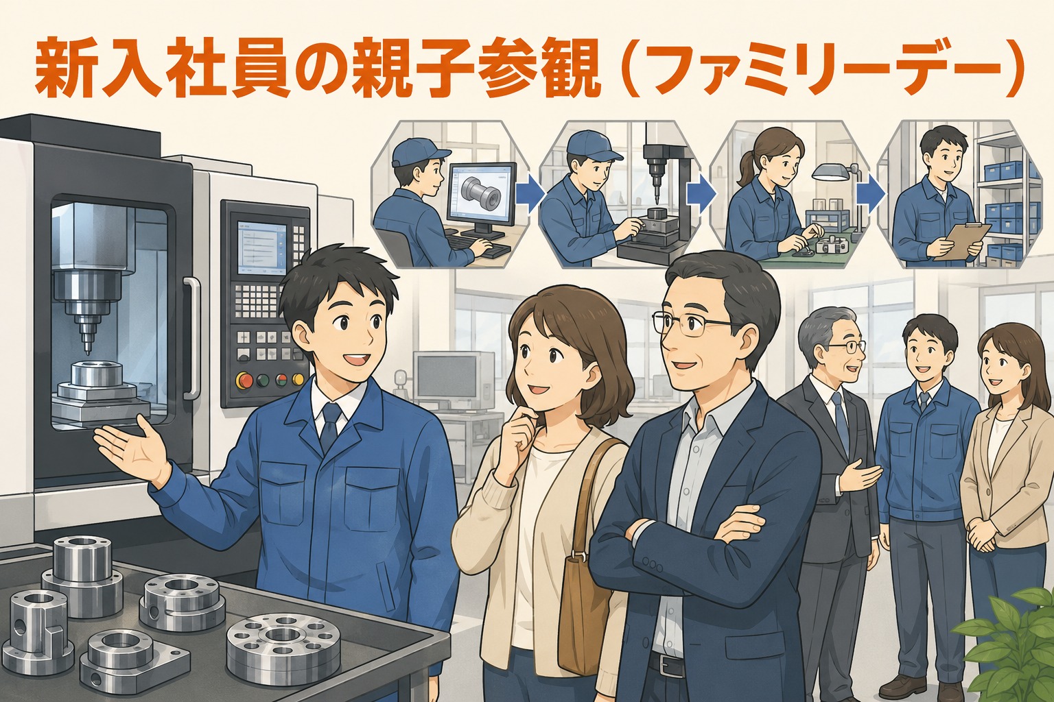 精密部品加工会社の工場で、新入社員が親に加工設備や仕事内容を説明する親子参観・オフィスファミリーデーの様子