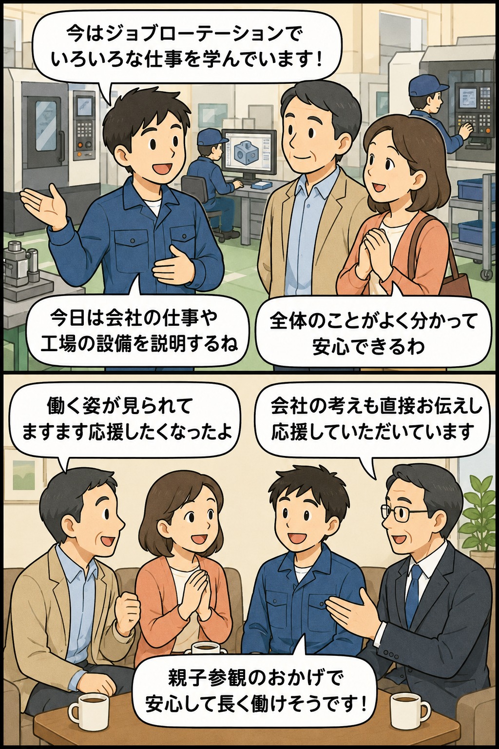 精密部品加工会社の親子参観で、新入社員がジョブローテーションや工場設備を親に説明し、懇親会で会社理解を深める様子