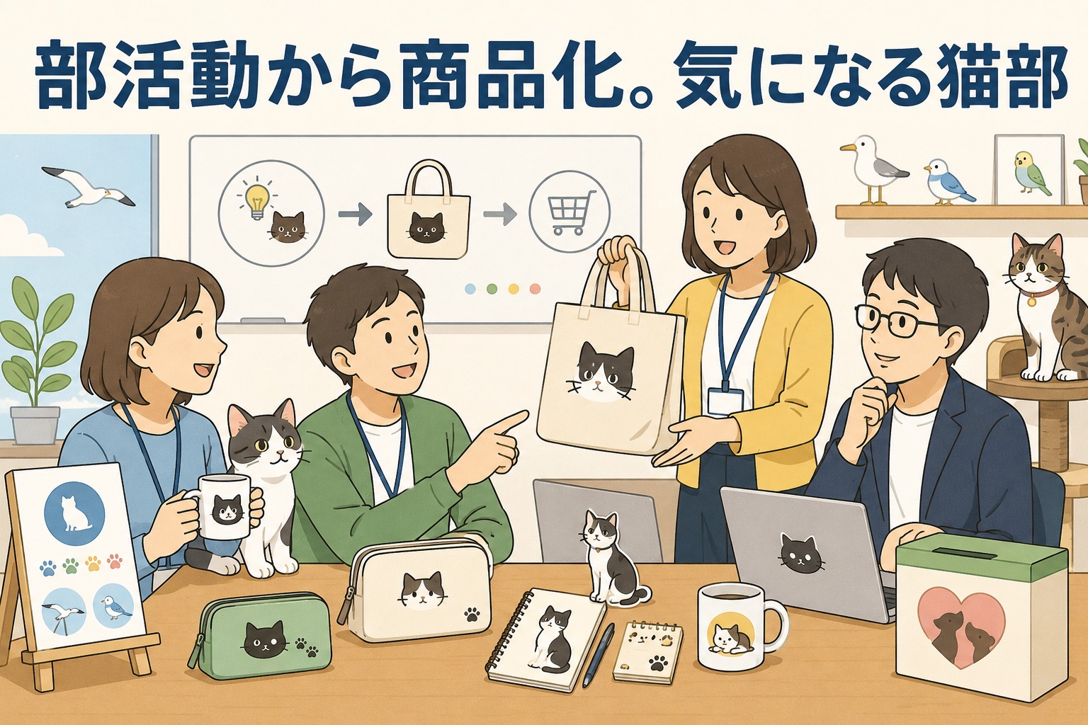 通信販売会社の猫部が、オリジナル猫グッズの商品化や保護猫支援について話し合う社内活動のイラスト