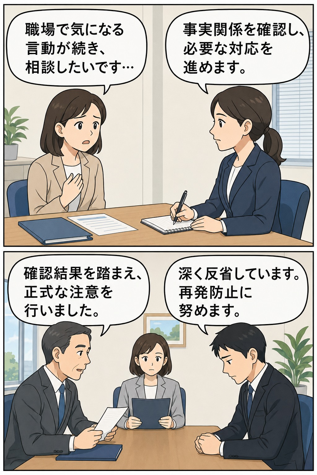職場での問題発言について相談を受け、事実確認と正式な注意を行うパワハラ対応の漫画イラスト