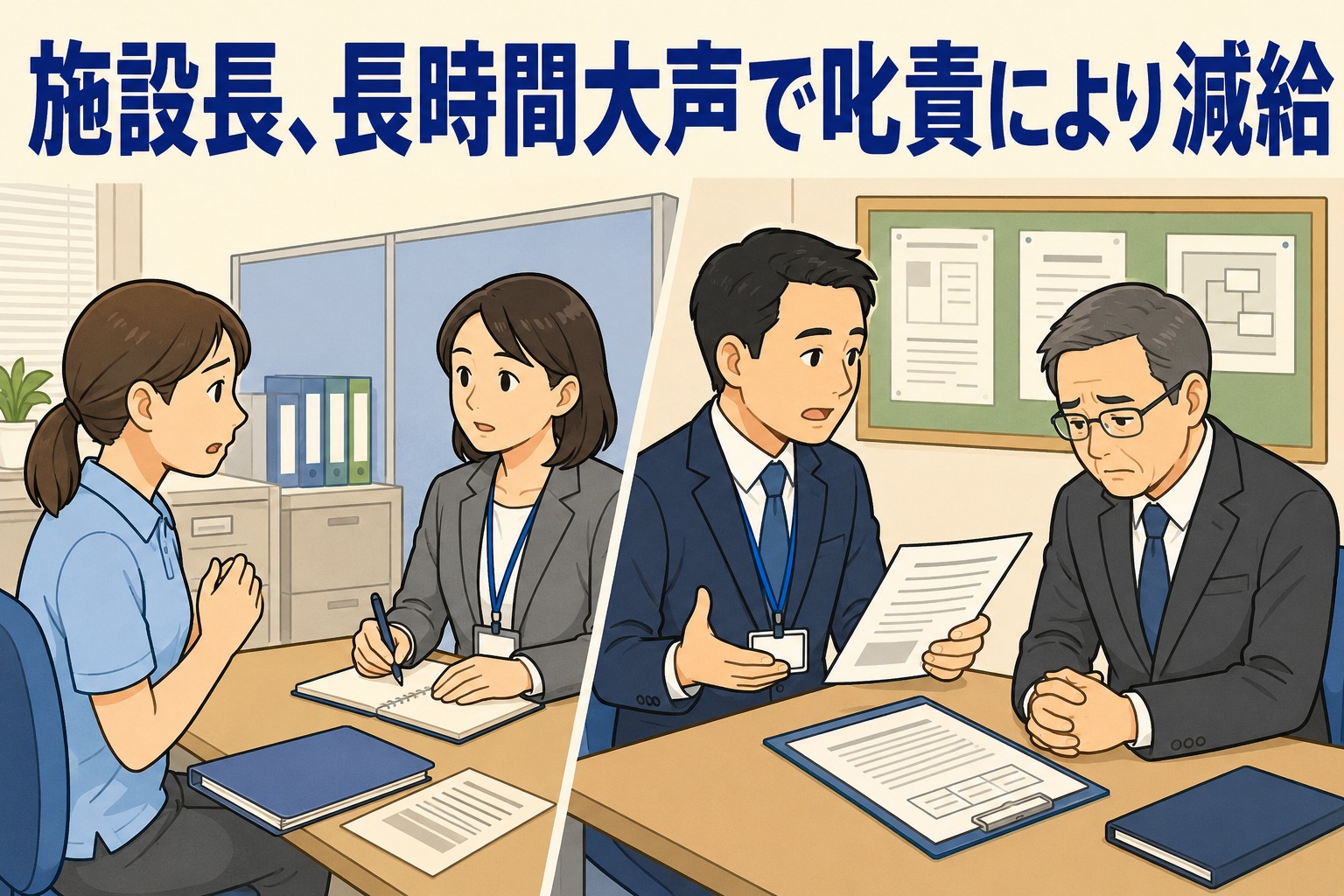 施設長が長時間大声で叱責しパワハラ認定を受け、減給の懲戒処分となった事例を示すイラスト