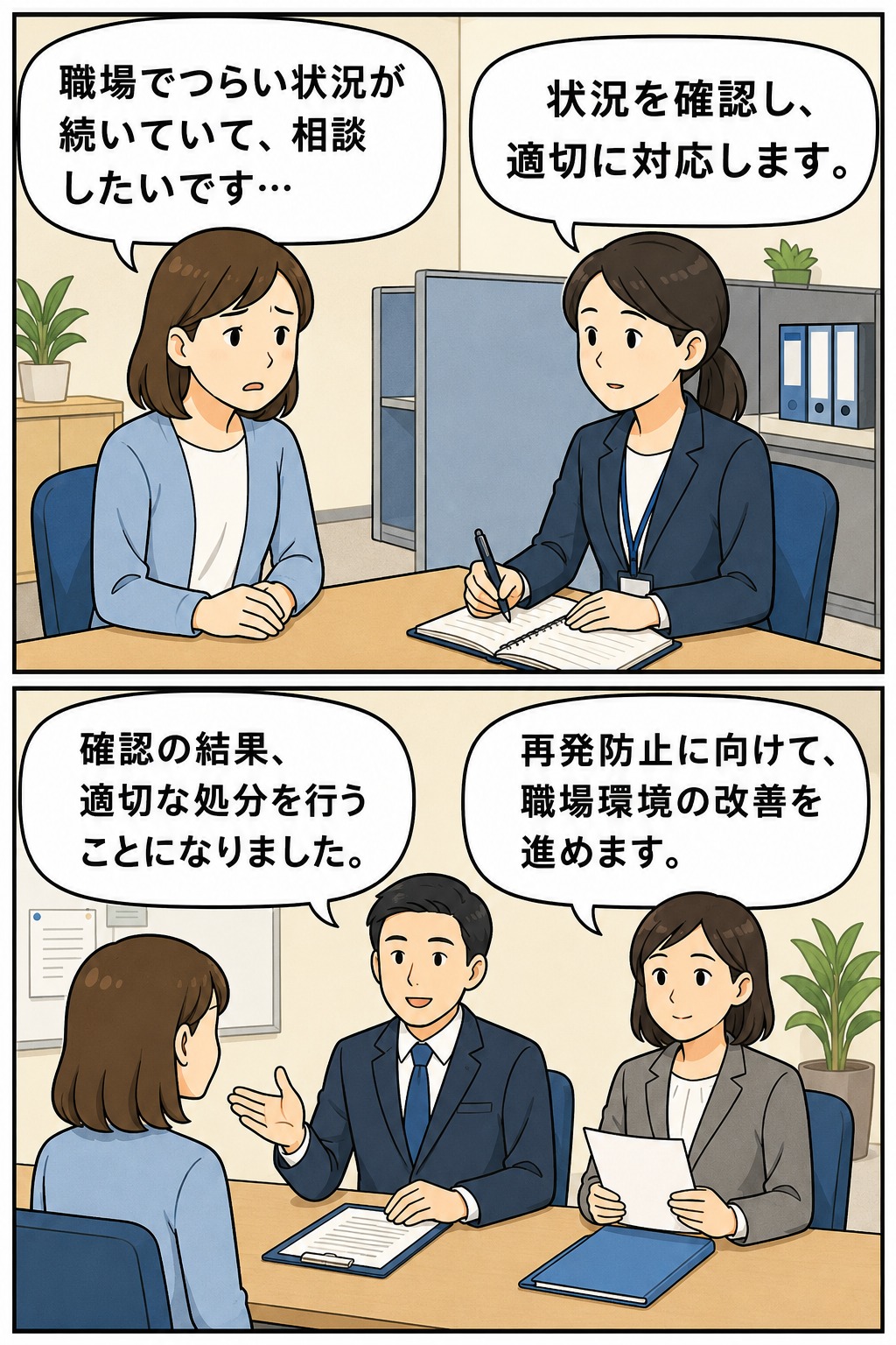 職場でつらい状況を相談した職員に対し、担当者が事実確認と適切な処分、再発防止に向けた職場環境改善を説明する漫画イラスト