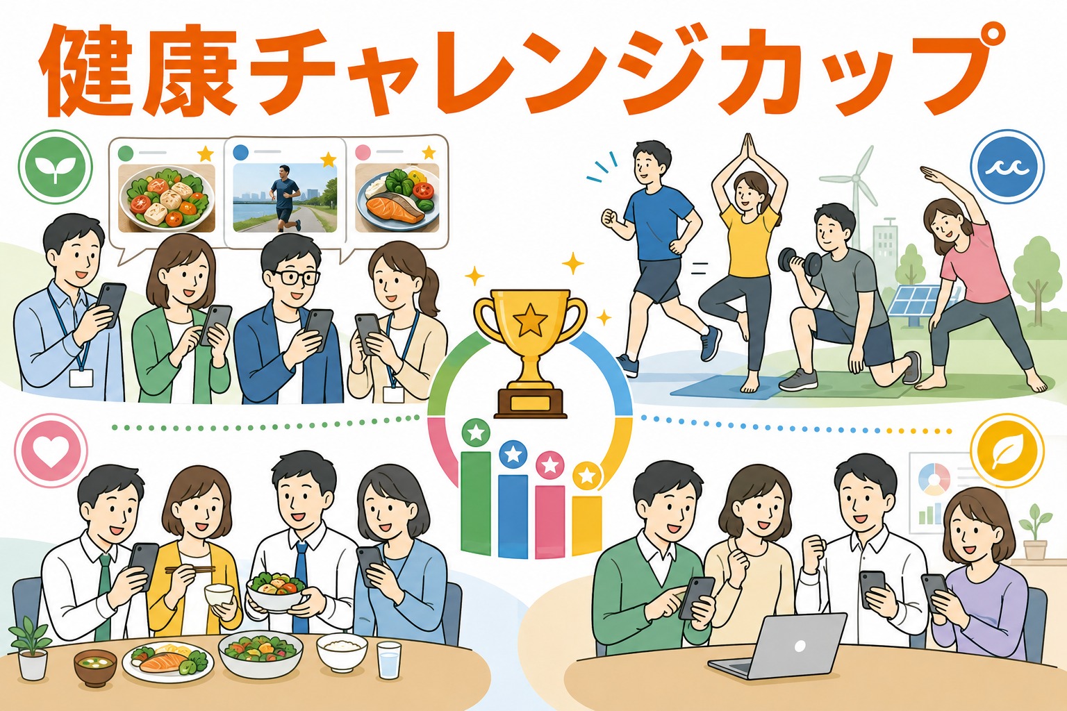 環境コンサルティング会社の社員が社内SNSで食事や運動を投稿し、4チームで健康ポイントを競う健康チャレンジカップのイメージ