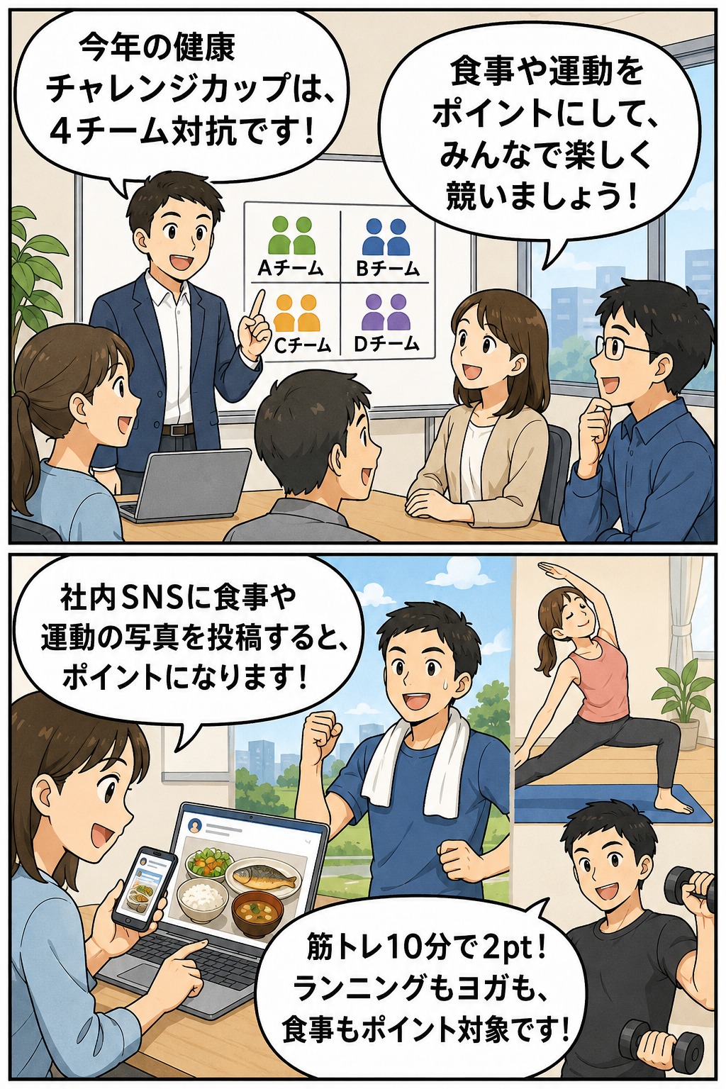 環境コンサルティング会社の社員が4チームに分かれ、社内SNSに食事や運動の写真を投稿して健康ポイントを競う健康チャレンジカップの漫画風イメージ