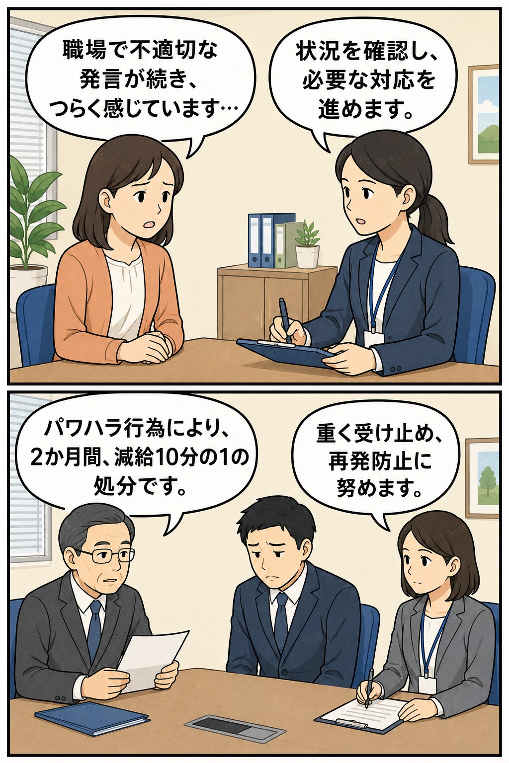 島根県職員によるパワハラ相談と減給処分を説明する職場トラブルの漫画イメージ