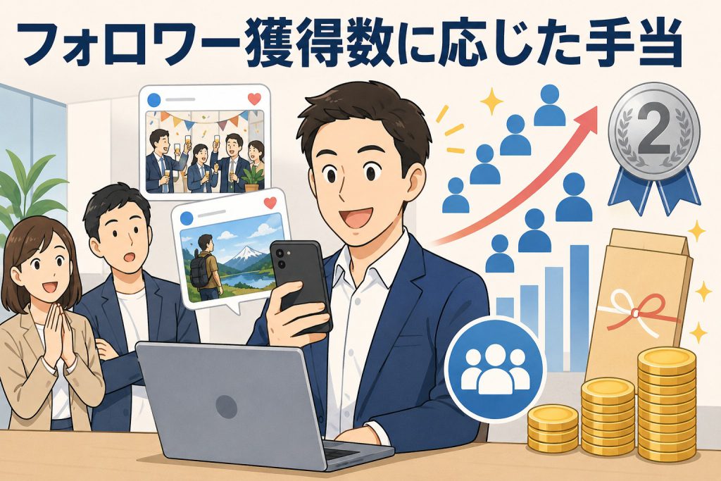フォロワー獲得数に応じた手当制度を導入し、SNS発信で社内評価や報酬アップを目指すWebメディア運営会社の社員イメージ