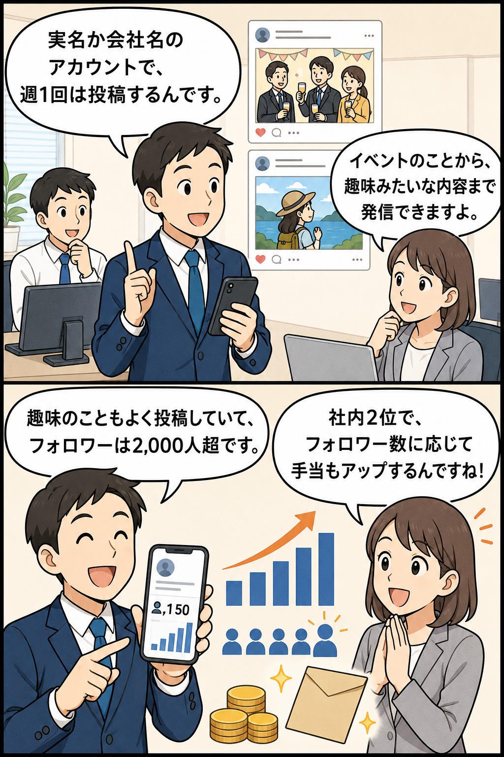 Xのフォロワー獲得手当制度について、実名・会社名アカウントでの週1回投稿やフォロワー数に応じた手当アップを説明する漫画風イラスト