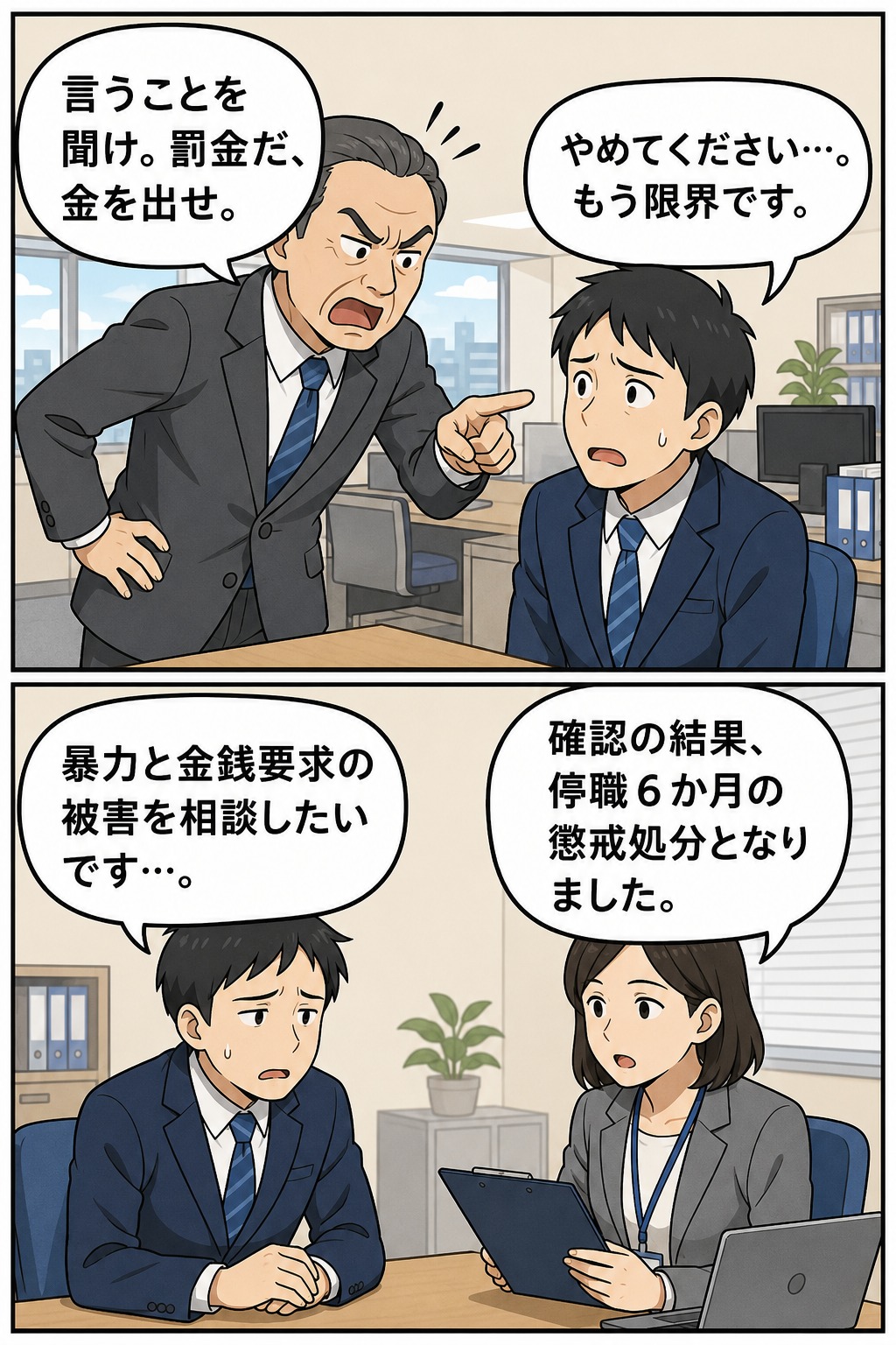 後輩職員への暴力と罰金名目の金銭要求が発覚し、市の男性職員が停職6か月の懲戒処分を受けた流れを描いた漫画画像