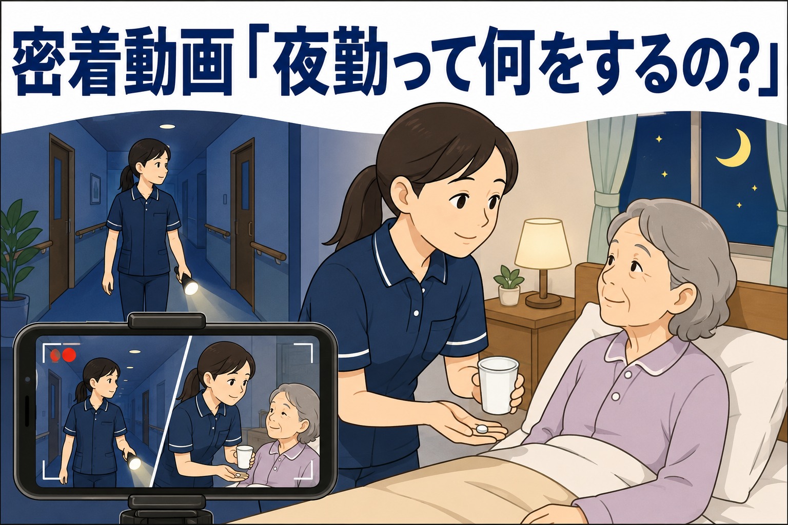 介護施設の夜勤業務を紹介する密着動画で、夜間巡回や就寝前の服薬サポートを行う介護職員