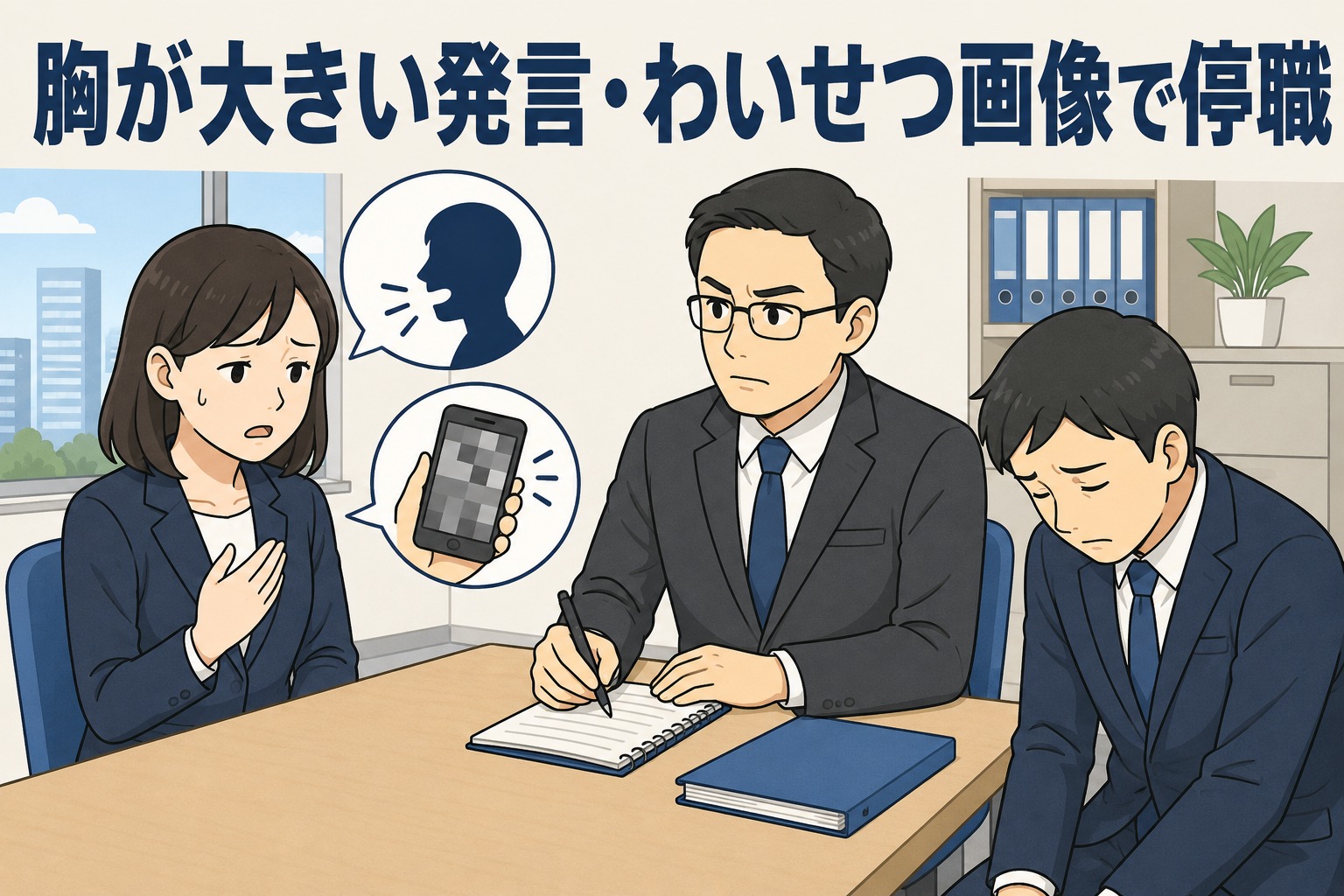市役所の男性職員が女性職員にセクハラ発言やわいせつ画像の提示を行い、停職処分を受けた事案を示すイラスト