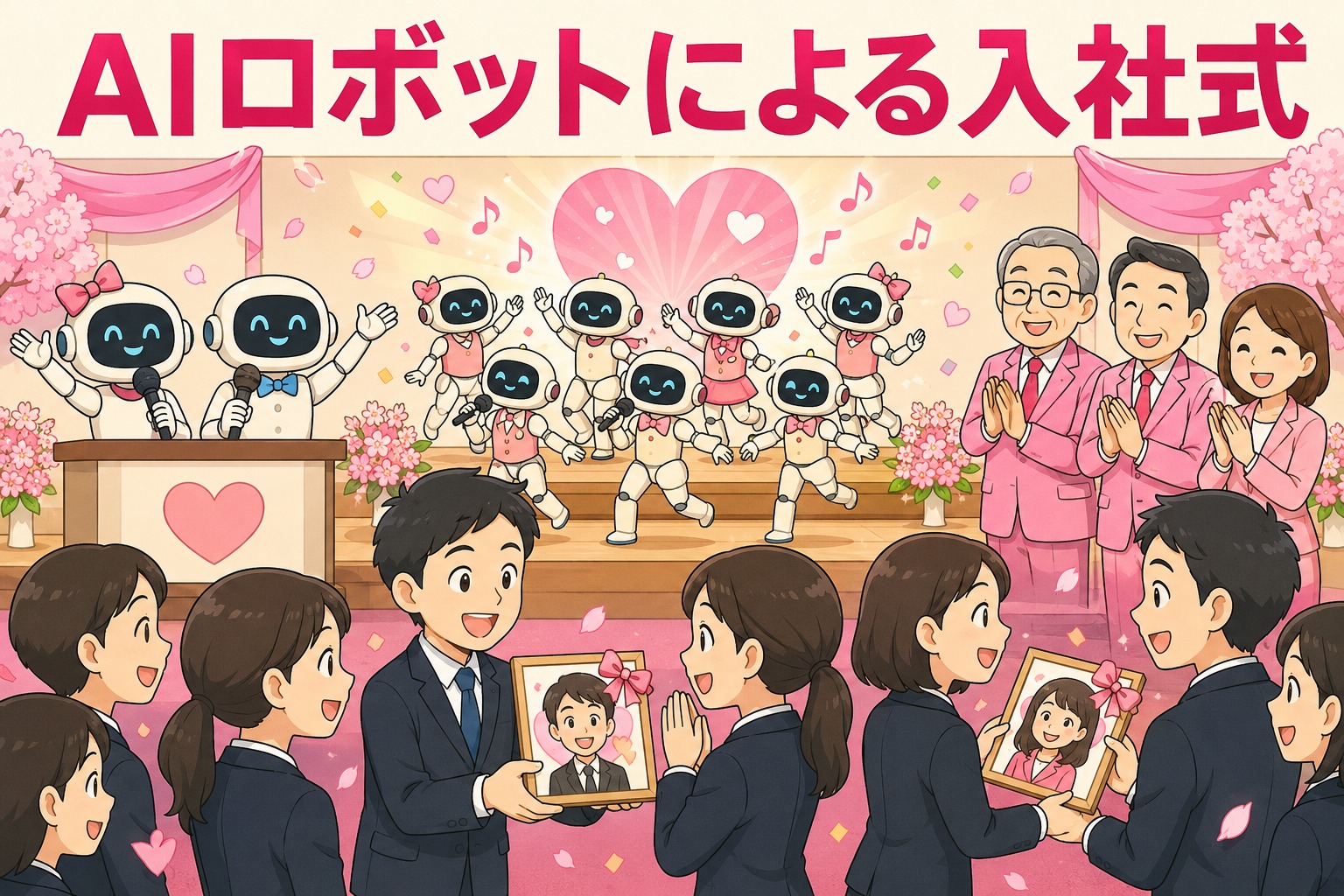 AIロボットが司会と歌・ダンスで新入社員を歓迎する、ガス・電気販売会社の桜色の入社式
