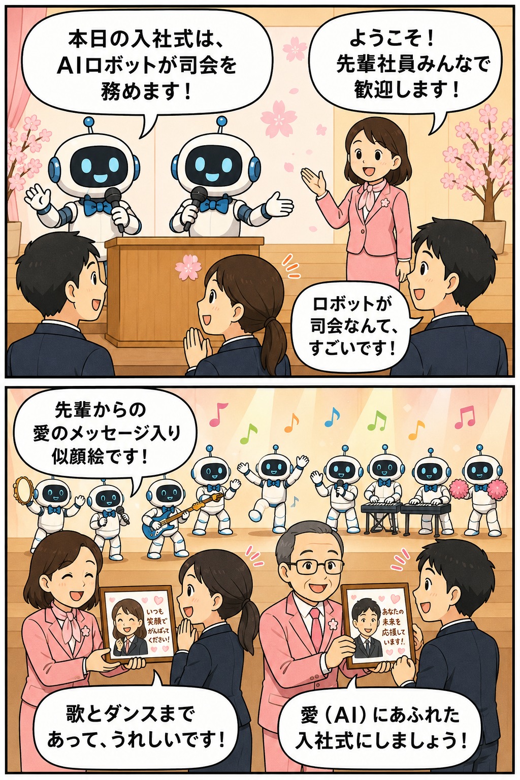AIロボットが司会・歌・ダンスを担当し、先輩社員が似顔絵を贈るガス・電気販売会社の入社式
