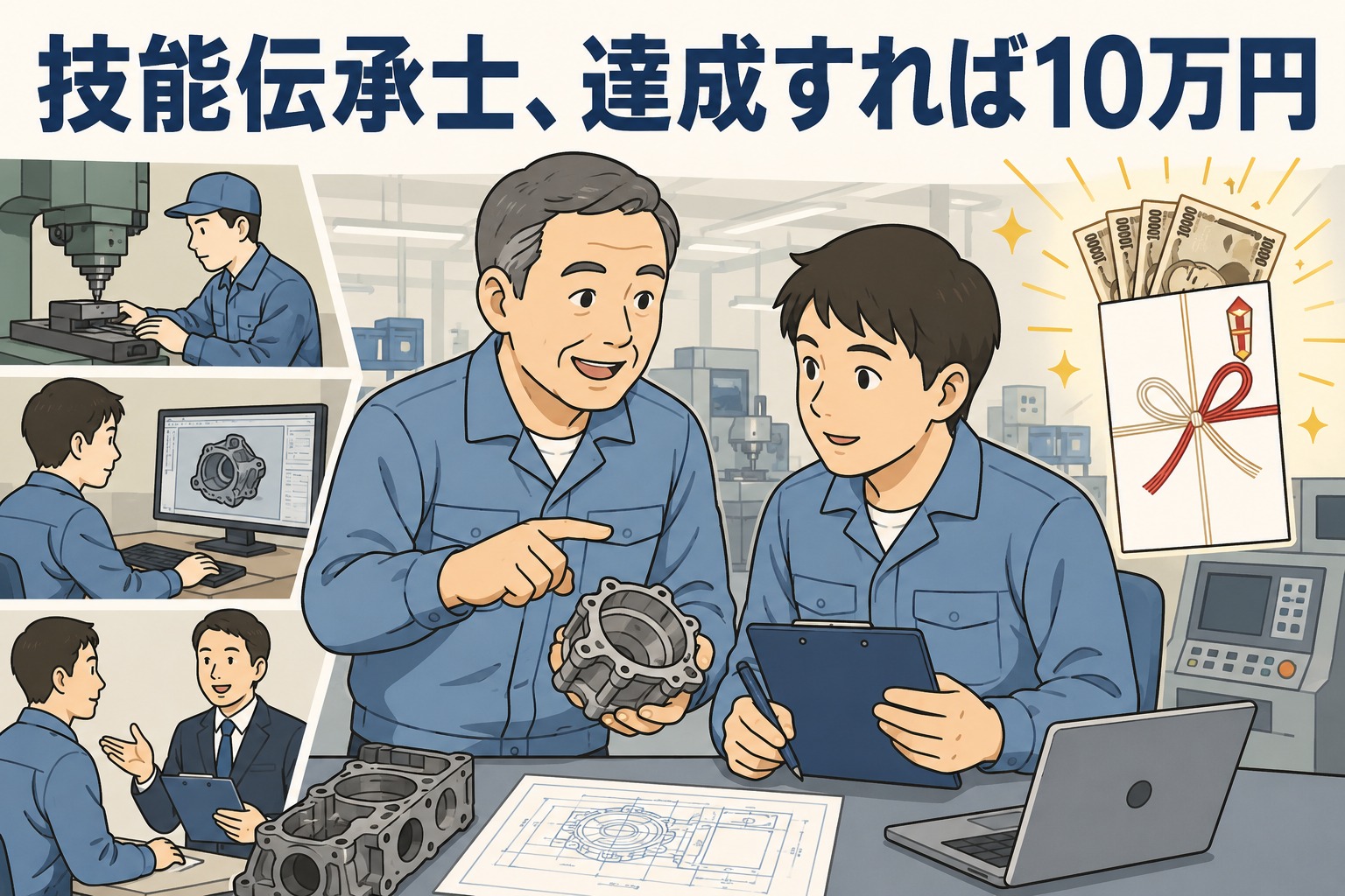 自動車部品製造会社でベテラン社員が若手社員に製造・設計・営業の技能を伝承し、達成時に10万円が支給される技能伝承士制度のイメージ