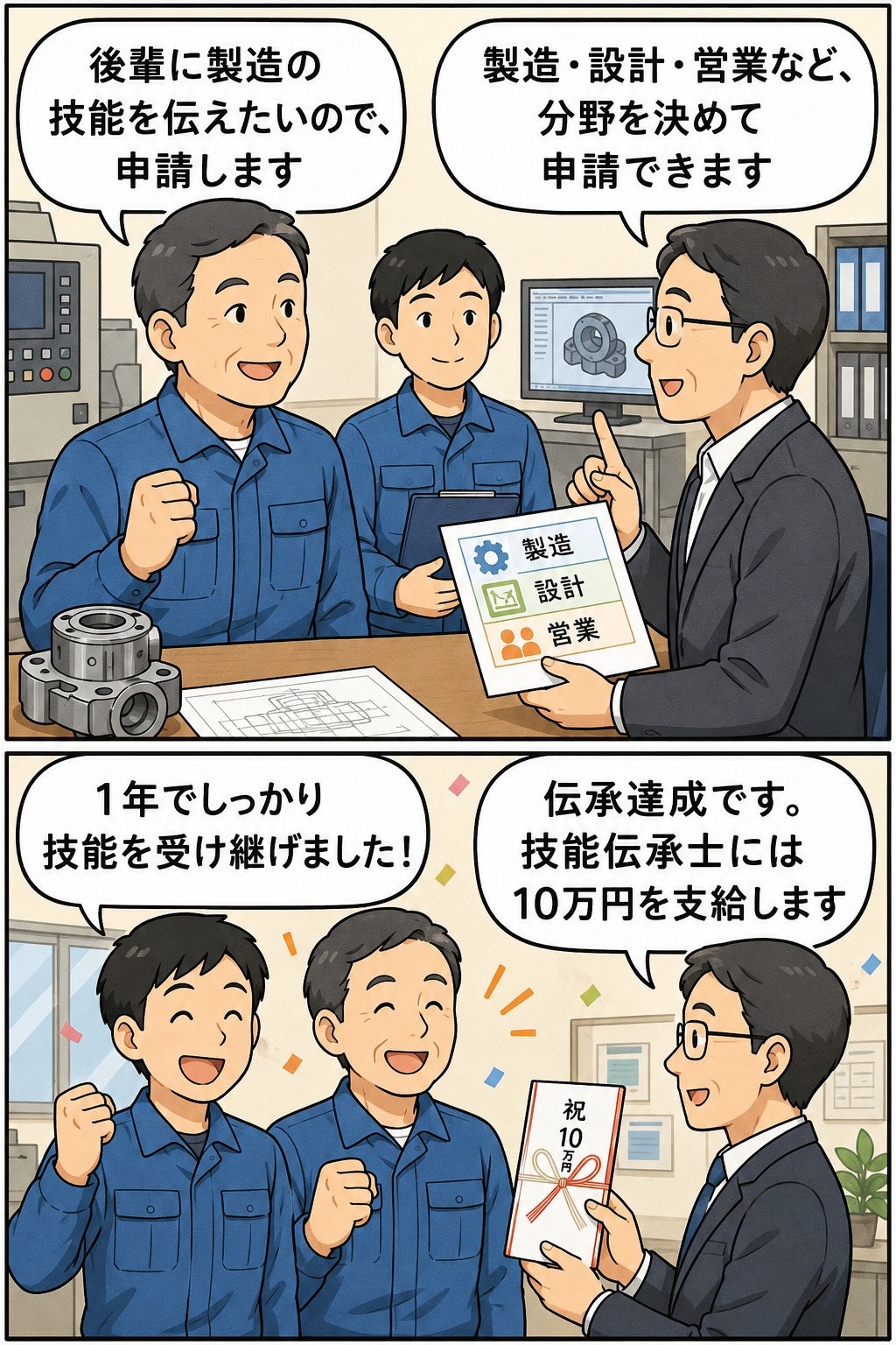 自動車部品製造会社の技能伝承士制度で、ベテラン社員が製造・設計・営業などの分野を申請し、後輩へ1年間で技能を伝承して10万円の報奨を受け取る流れ