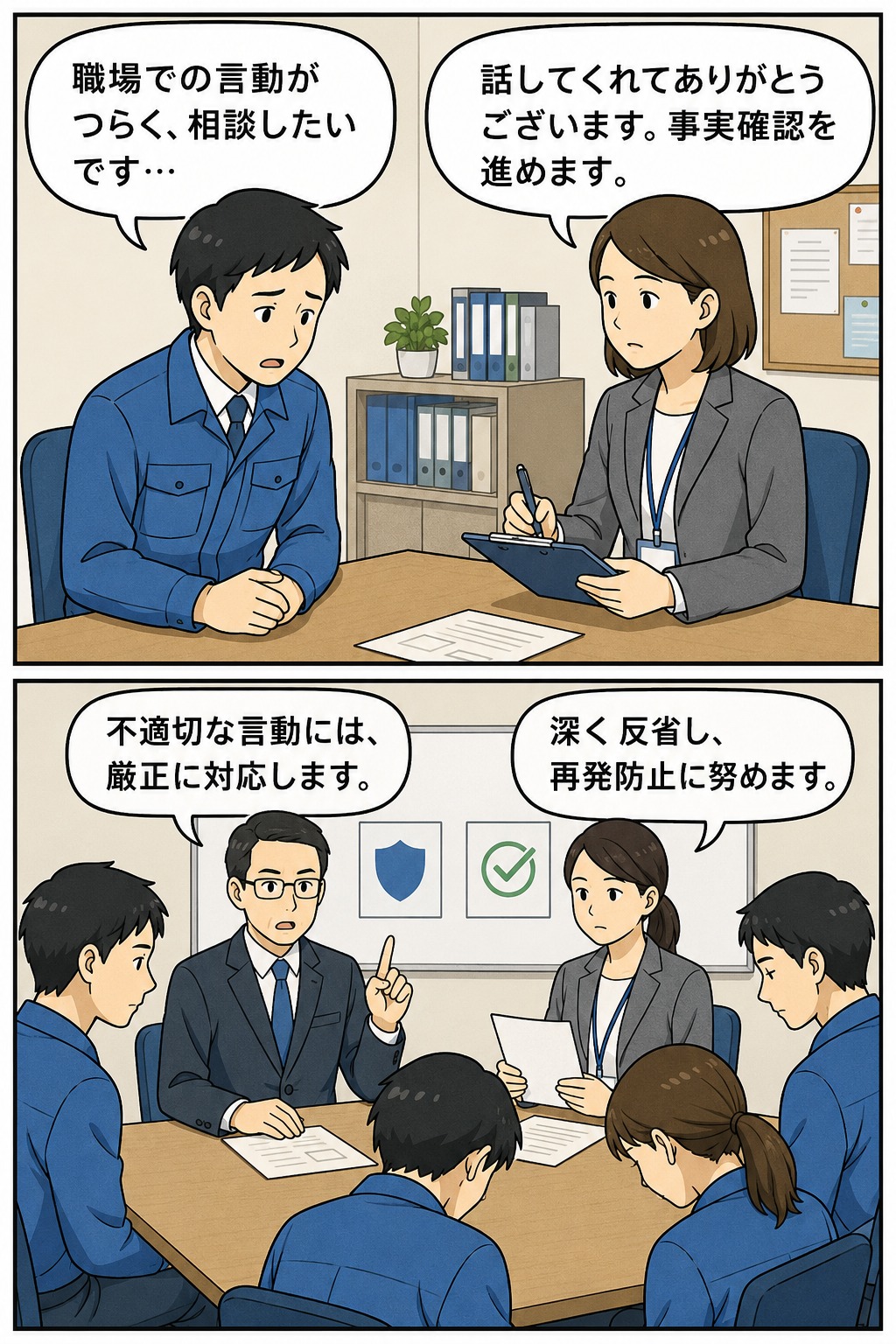 職場での不適切言動に悩む職員が相談し、事実確認と再発防止に向けた対応が進められる様子