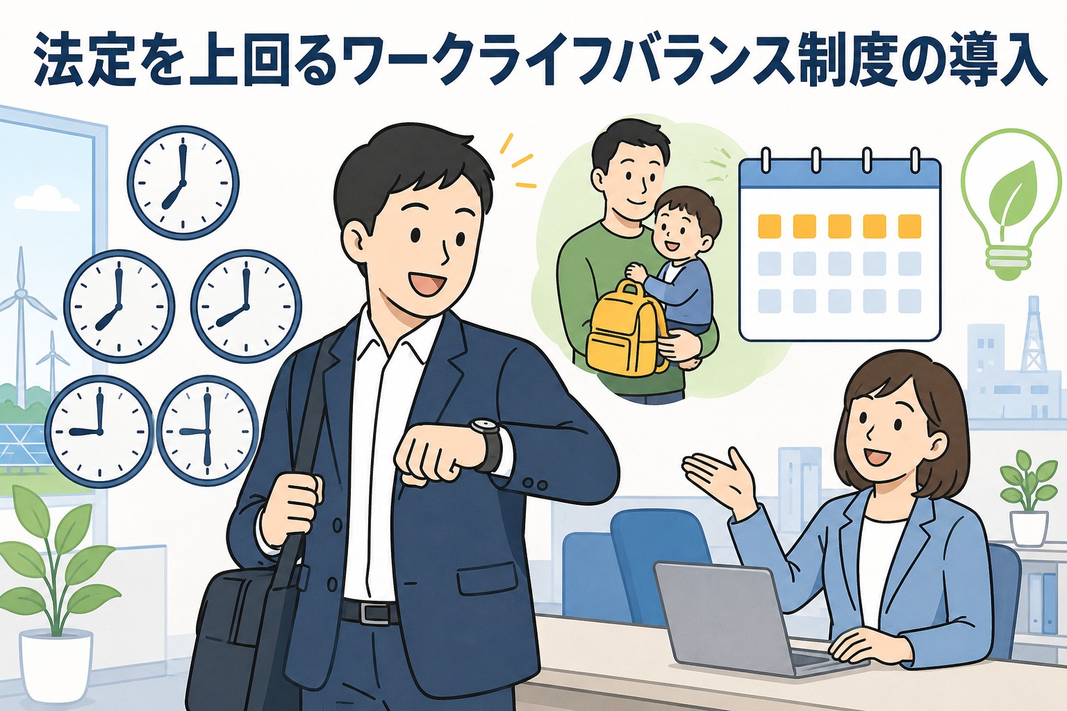 エネルギー関連企業が法定を上回る育児短時間勤務・子の看護休暇・時差出勤制度を導入し、ワークライフバランスを推進するイメージ