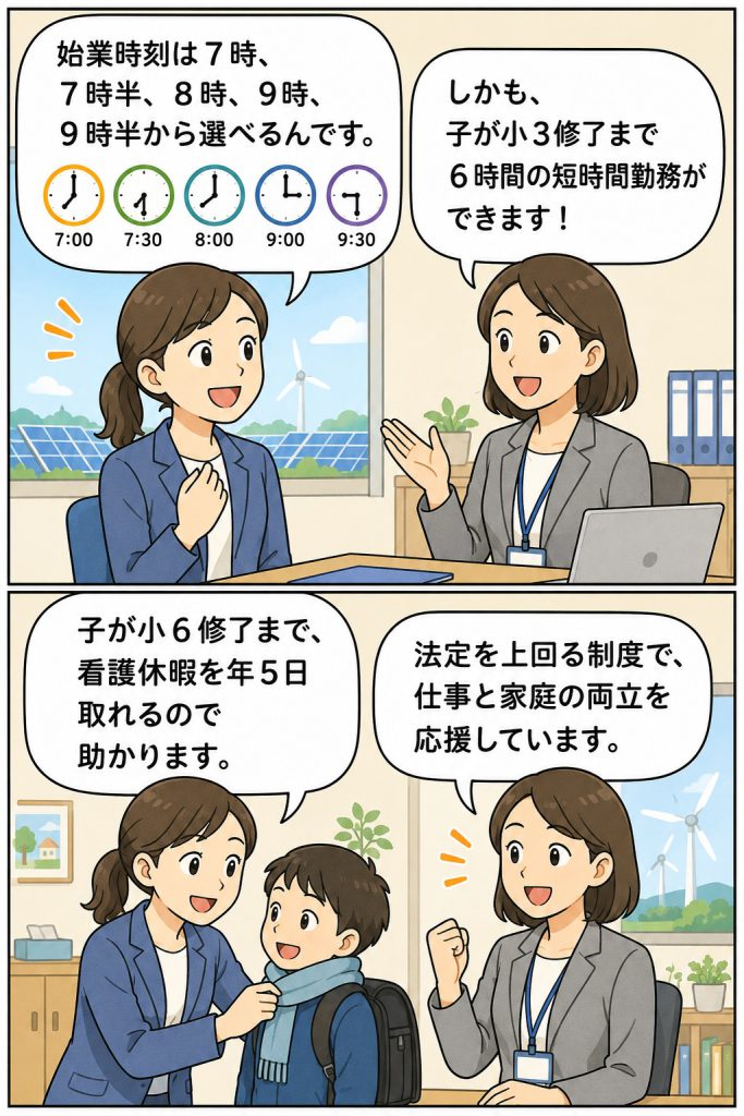 エネルギー関連企業の時差出勤制度、育児短時間勤務、子の看護休暇など、法定を上回るワークライフバランス支援制度を紹介する漫画風イラスト
