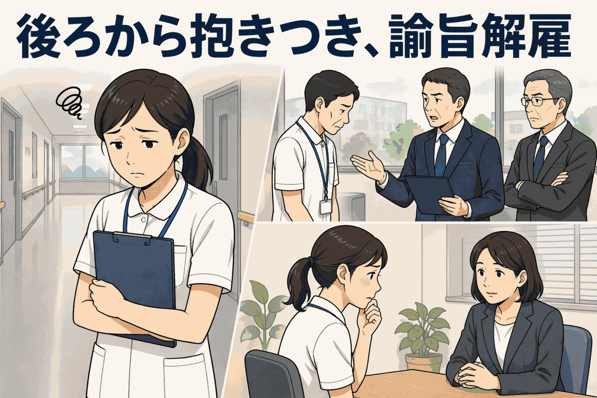 病院職員による後ろからの抱きつきなどのセクハラ行為が問題となり、諭旨解雇処分を受けた事例を解説するイラスト