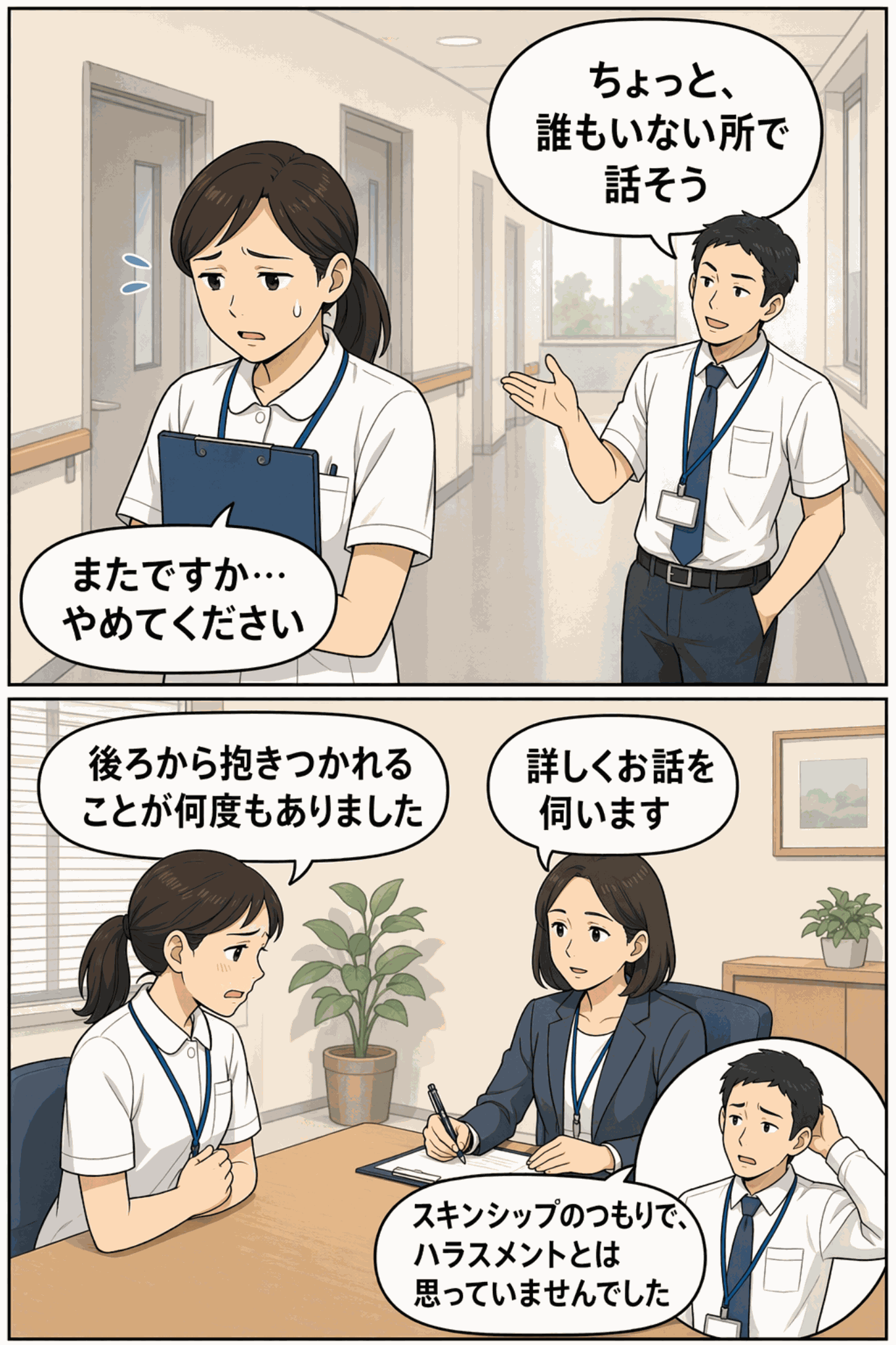 医学部付属病院の男性職員が同僚女性を人目のない場所に誘い、後ろから抱きつくなどのセクハラを繰り返し、相談員への相談を経て諭旨解雇となった事例