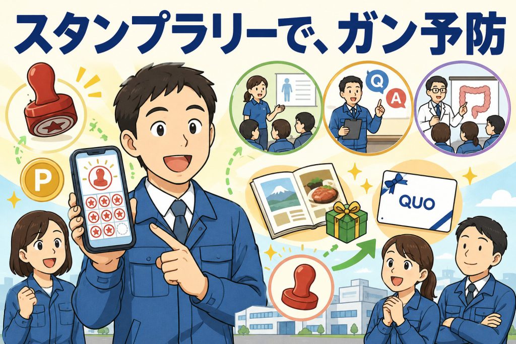 電機メーカーの社員がスマートフォンのスタンプラリーアプリで健康教室・がんクイズ・大腸がんセミナーに参加し、ポイントを貯めてがん予防を学ぶイラスト