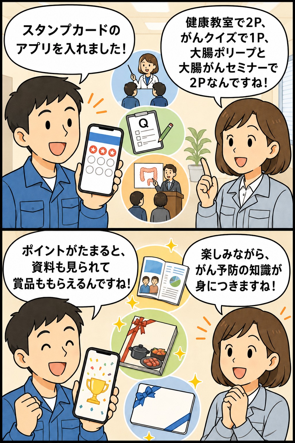 電機メーカーの社員がスマートフォンのスタンプカードアプリを使い、健康教室・がんクイズ・大腸がんセミナーでポイントを貯めながらがん予防を学ぶ漫画風イラスト