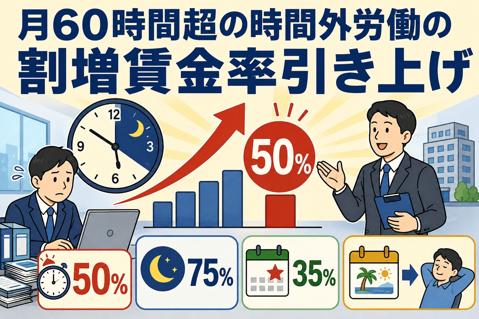 2023年4月から中小企業も月60時間超の時間外労働の割増賃金率が50％へ引き上げ
