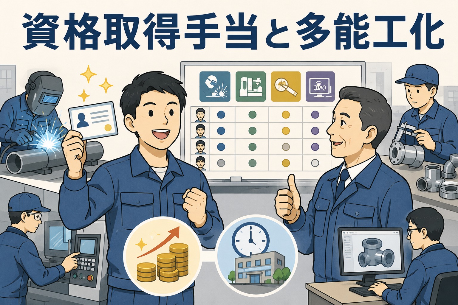 金属パイプ部品の設計・製造会社で、資格取得手当の導入により溶接や加工、設計などの多能工化を進める社員たち