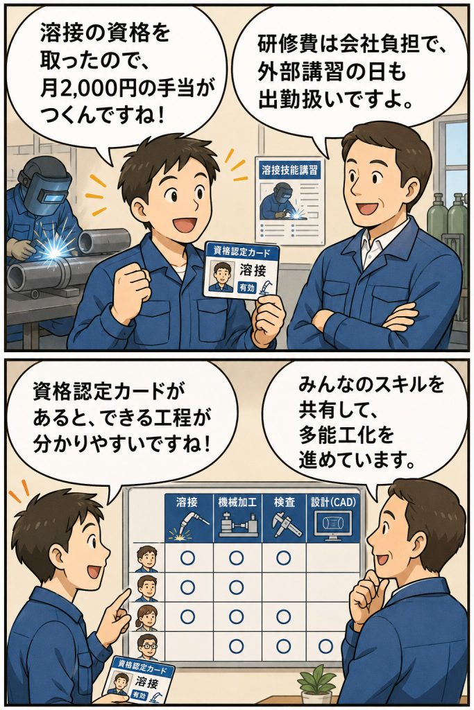 金属パイプ部品の製造現場で、溶接資格の取得手当や研修費用の会社負担、資格認定カードによるスキル共有を説明する漫画