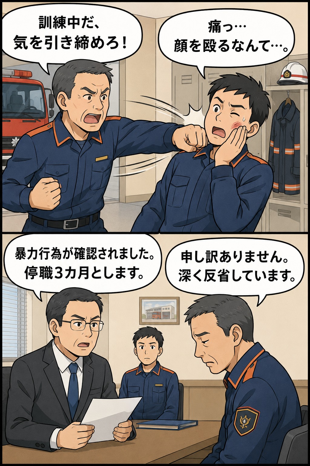 消防署の訓練中に上司が部下の顔を殴り、停職3カ月の懲戒処分を受ける様子を描いた漫画イラスト