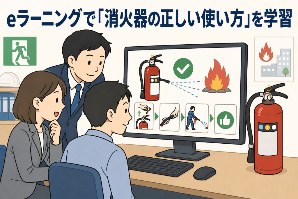 eラーニングで「消火器の正しい使い方」を学習