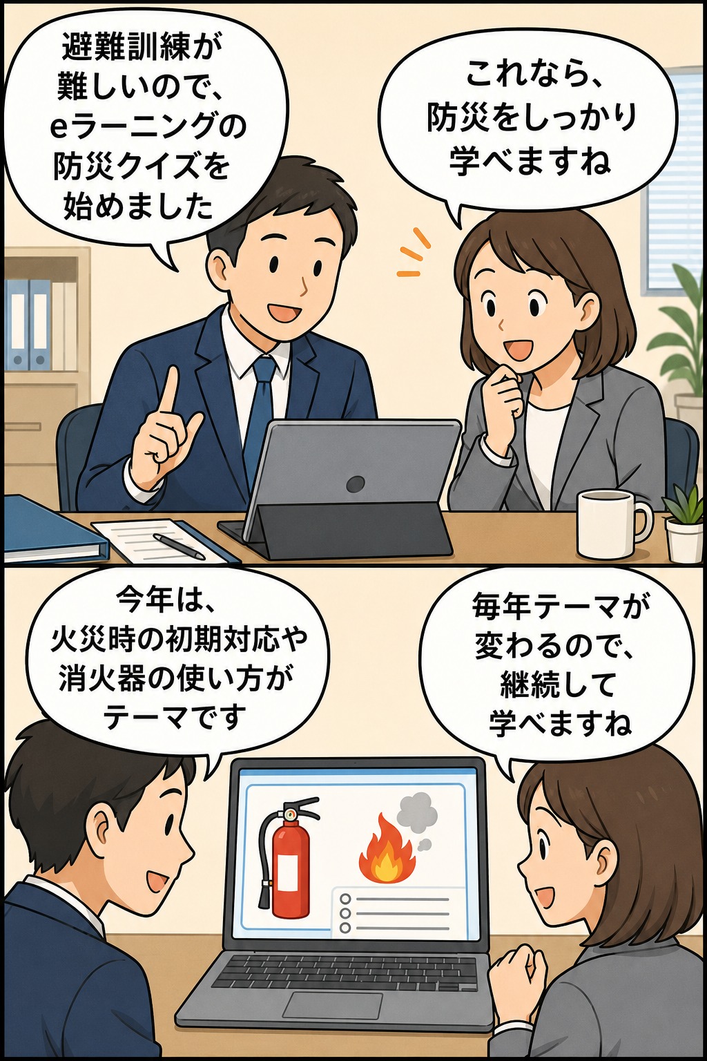 eラーニングの防災クイズで火災時の初期対応や消火器の使い方を学ぶ社員の漫画イラスト