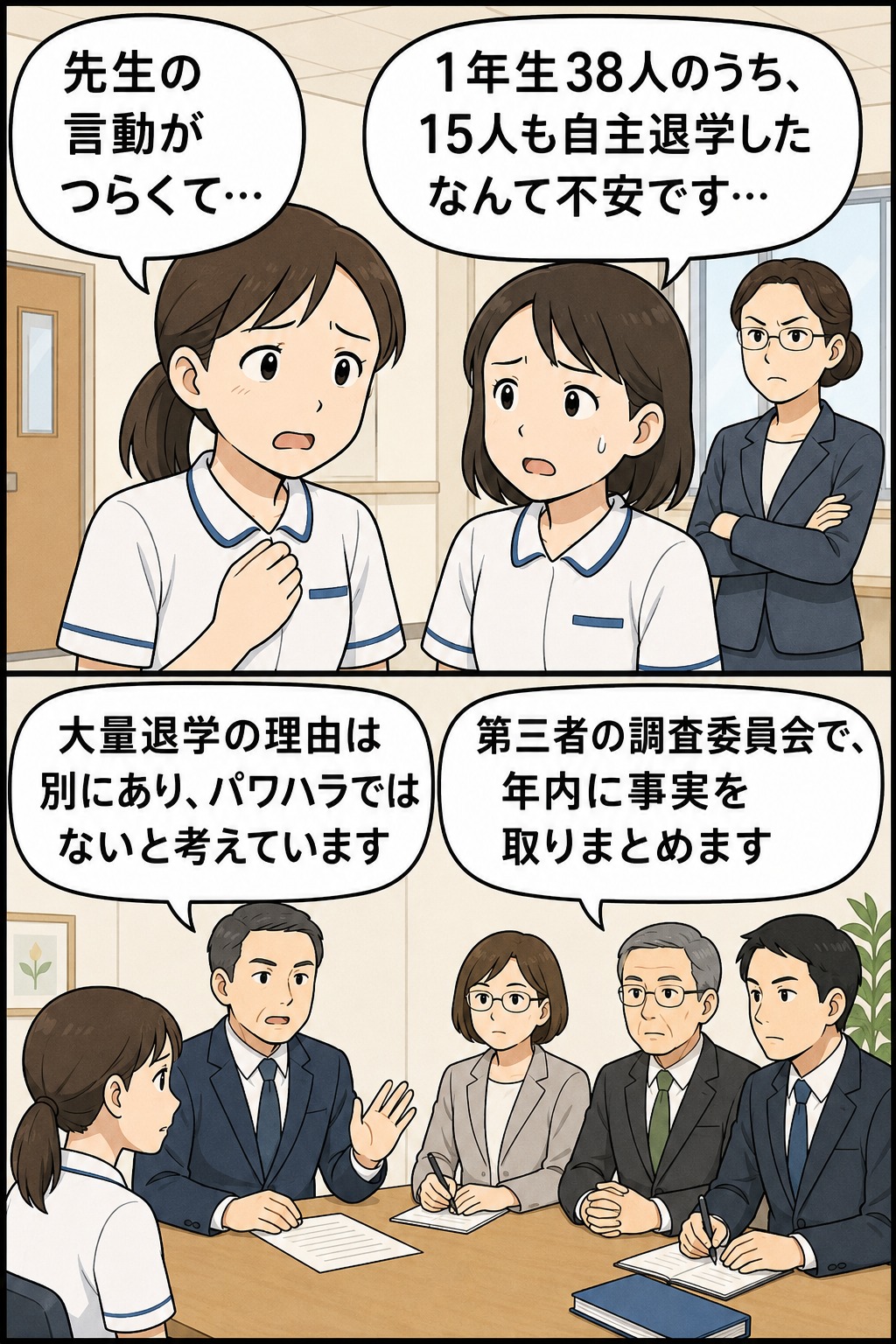 千葉県の看護学校で1年生38人中15人が自主退学し、教員のパワハラ疑惑や第三者調査委員会の発足について説明する漫画風イラスト