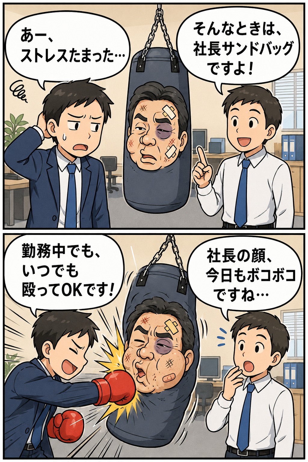 ストレスを抱えた社員に社長の似顔絵入りサンドバッグを勧め、勤務中に殴って発散する様子を描いた漫画イラスト