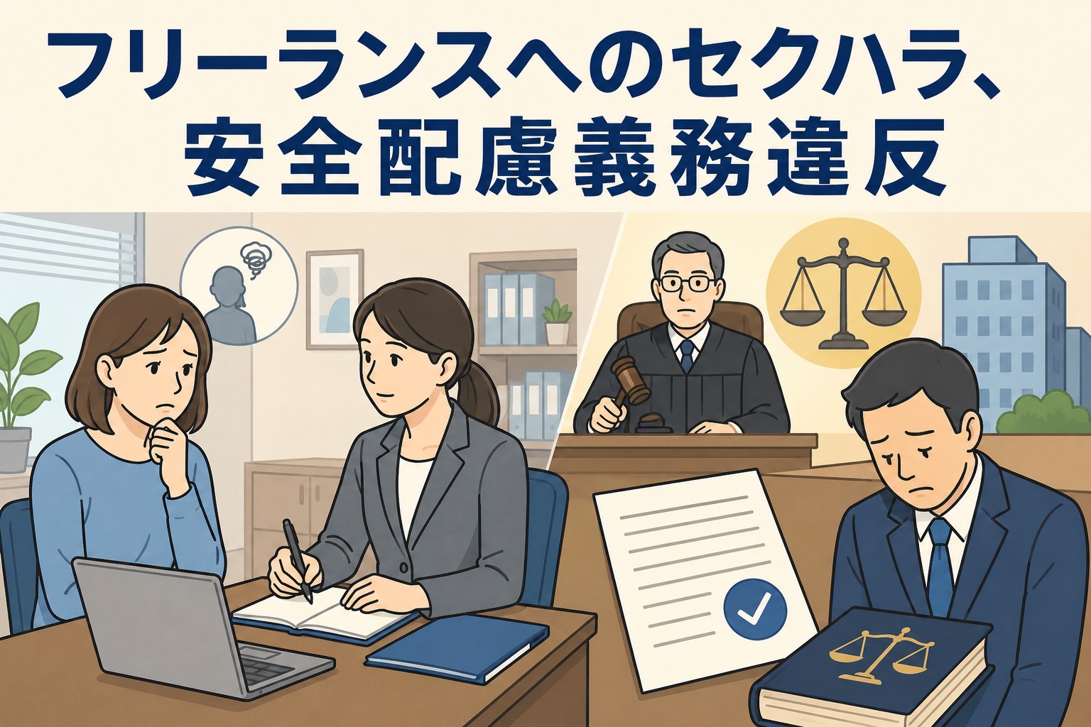 フリーランス女性ライターへのセクハラ被害と安全配慮義務違反をめぐる裁判を示すイラスト