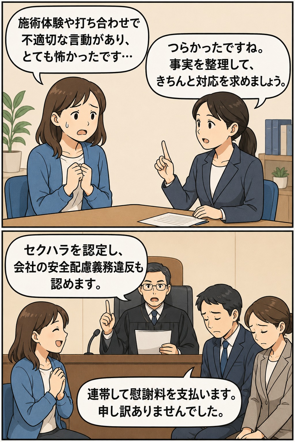 美容エステサロンの施術体験や打ち合わせで受けたセクハラ被害について相談し、裁判で安全配慮義務違反が認定される様子を描いた漫画