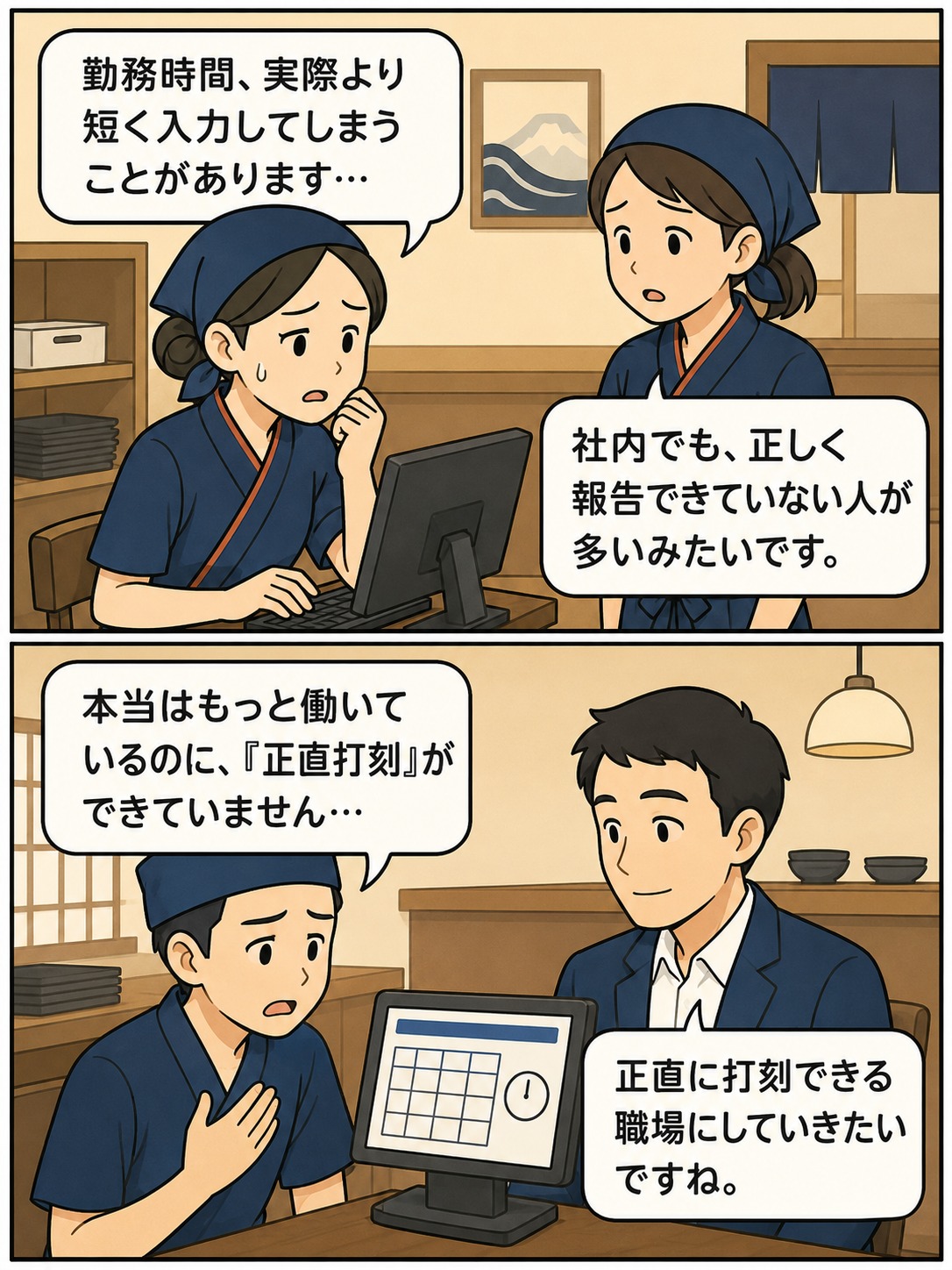 和食チェーンの従業員が勤務時間を実際より短く入力し、正直打刻できていない問題を相談する漫画イラスト