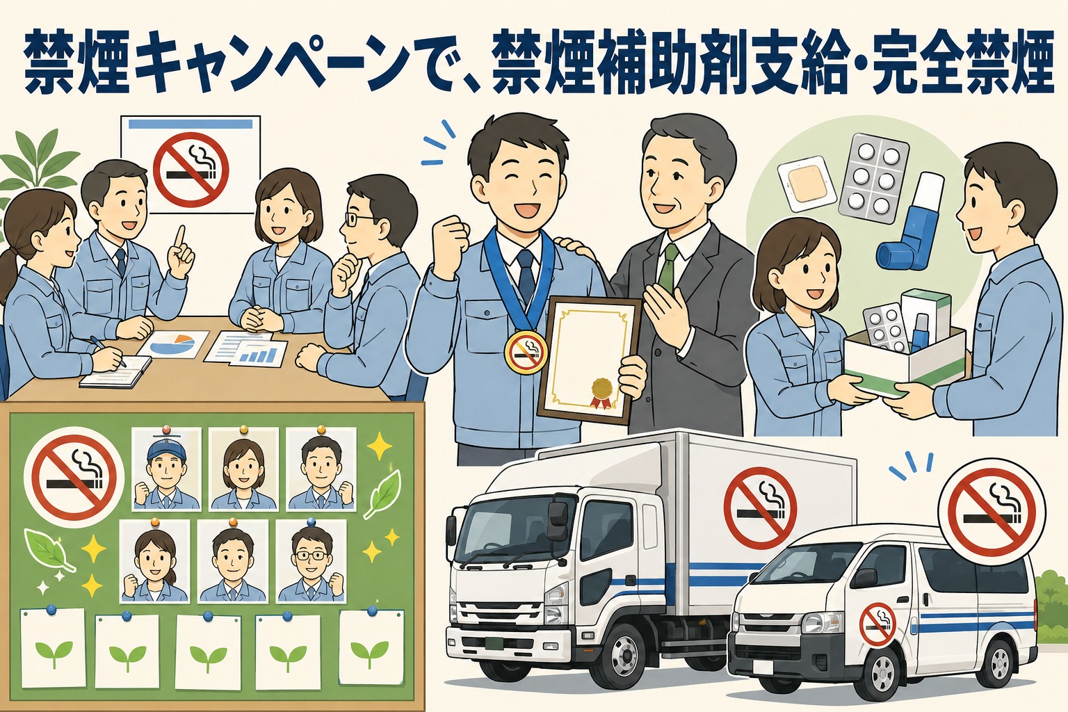 運送会社が衛生委員会で社内禁煙を話し合い、禁煙キャンペーンや禁煙補助剤支給、全車両完全禁煙に取り組む様子
