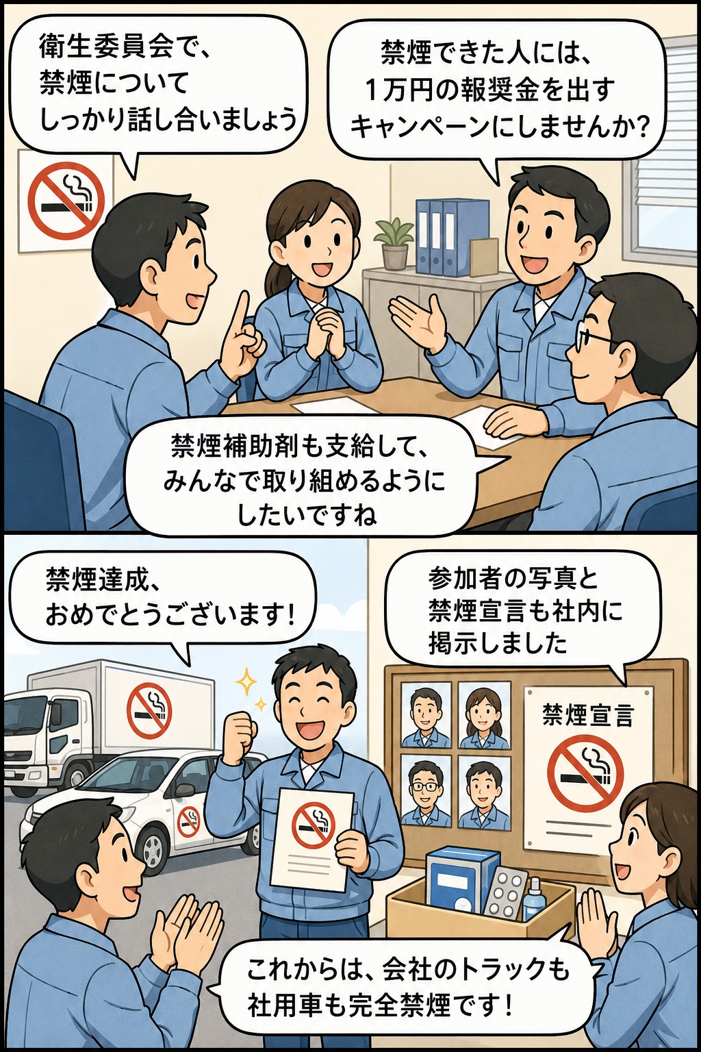 運送会社の衛生委員会で禁煙キャンペーンを話し合い、報奨金や禁煙補助剤の支給、禁煙宣言の掲示、全車両完全禁煙を進める漫画イラスト