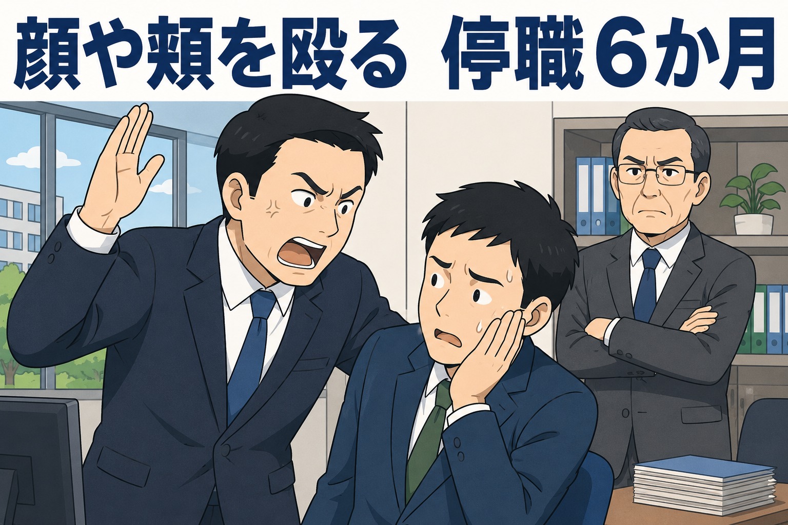 職場で係長が部下の顔や頬を殴るなどの暴力をふるい、停職6か月の懲戒処分を受けたパワハラ事案を示すイラスト