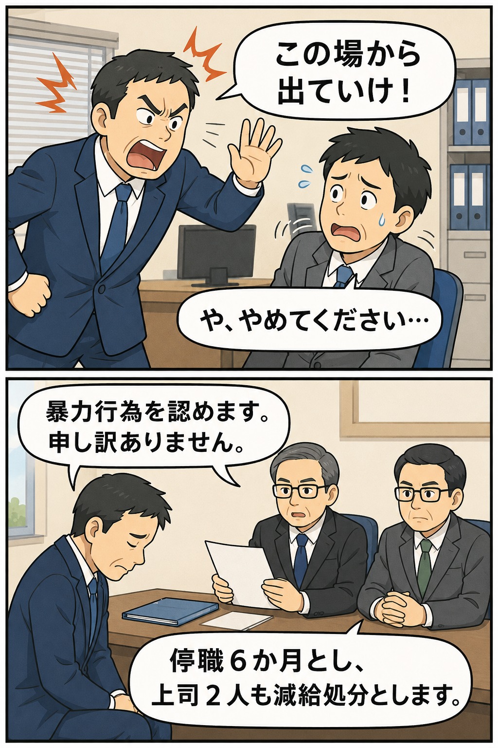係長が部下に「この場から出ていけ」と怒鳴るパワハラ行為と、暴力を認めて停職6か月・上司2人が減給処分となった懲戒処分事案を描いた漫画風イラスト