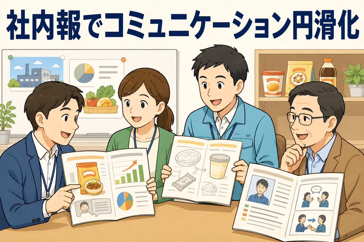 食品会社の社員が社内報を活用し、部署紹介や新入社員紹介、マネジメントコラムを通じて社内コミュニケーションを円滑化している様子