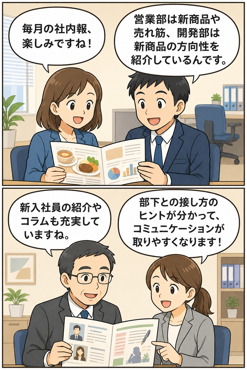食品会社の社員が毎月の社内報を読みながら、新商品情報や部署紹介、新入社員紹介、マネジメントコラムを通じて社内コミュニケーションを深めている漫画風イラスト