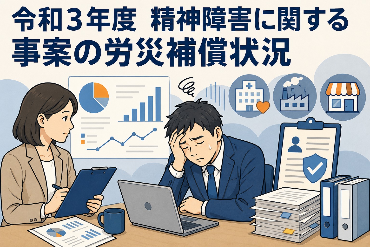 令和3年度の精神障害に関する労災補償状況を解説する画像。相談を受ける従業員、統計資料、医療・製造・小売業のアイコンが描かれている。