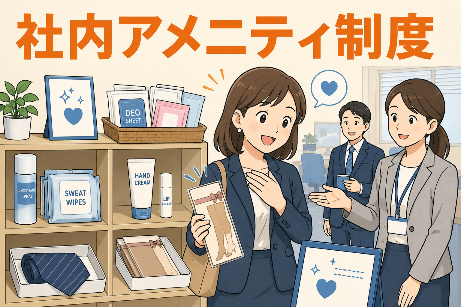 社内アメニティ制度として制汗スプレー、汗拭きシート、ハンドクリーム、リップクリーム、ネクタイ、ストッキングを用意し、社員の清潔感と働きやすさを支援する人材派遣会社のイメージ
