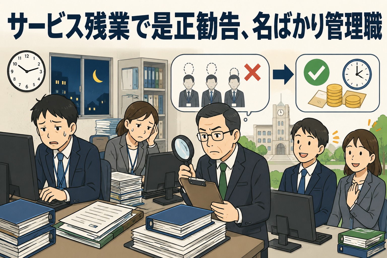 サービス残業による是正勧告と名ばかり管理職の問題を解説する大学職員の労務管理イラスト