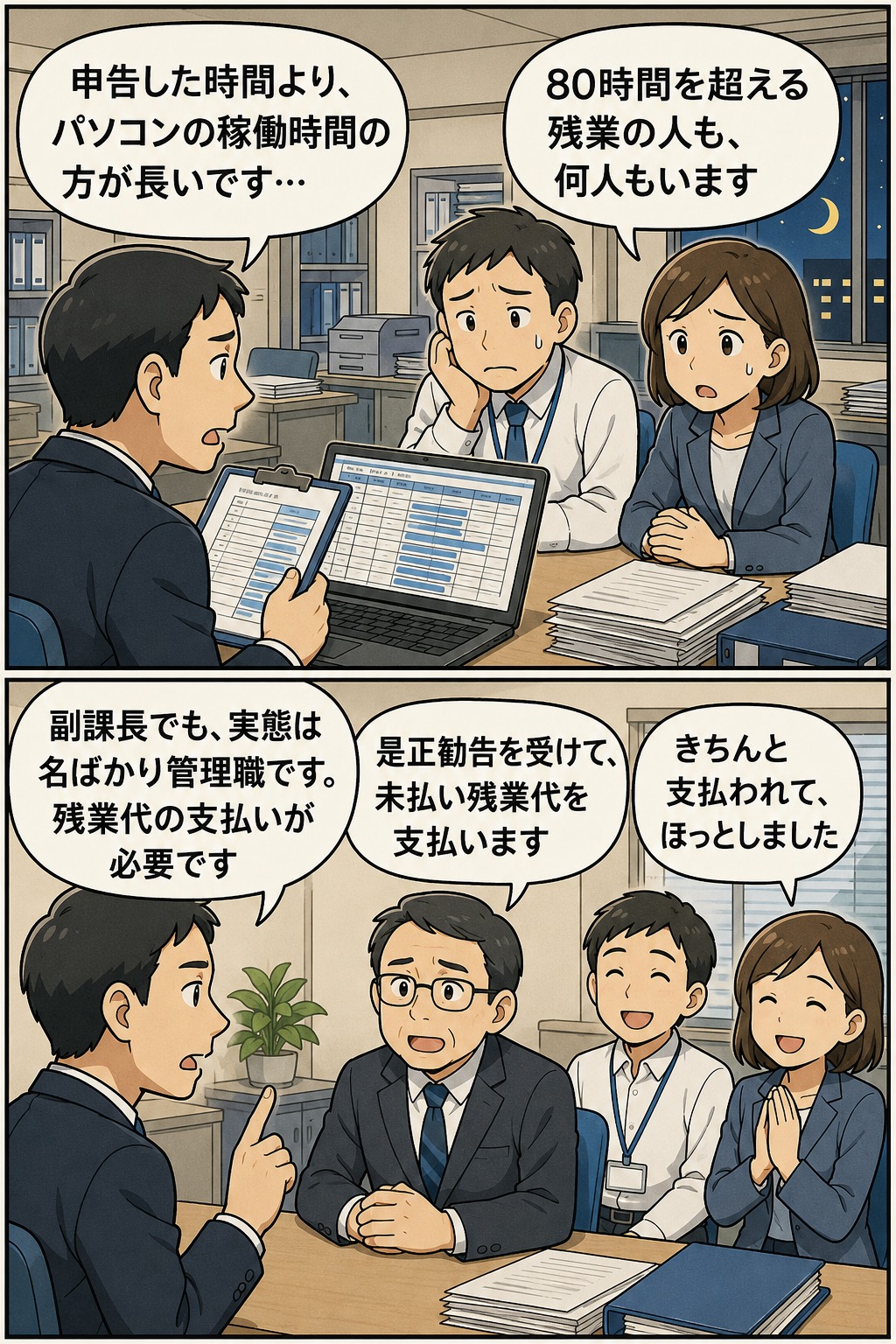 大学職員のサービス残業とパソコン稼働時間の調査、80時間超の残業、名ばかり管理職への未払い残業代支払いを描いた労務問題の漫画
