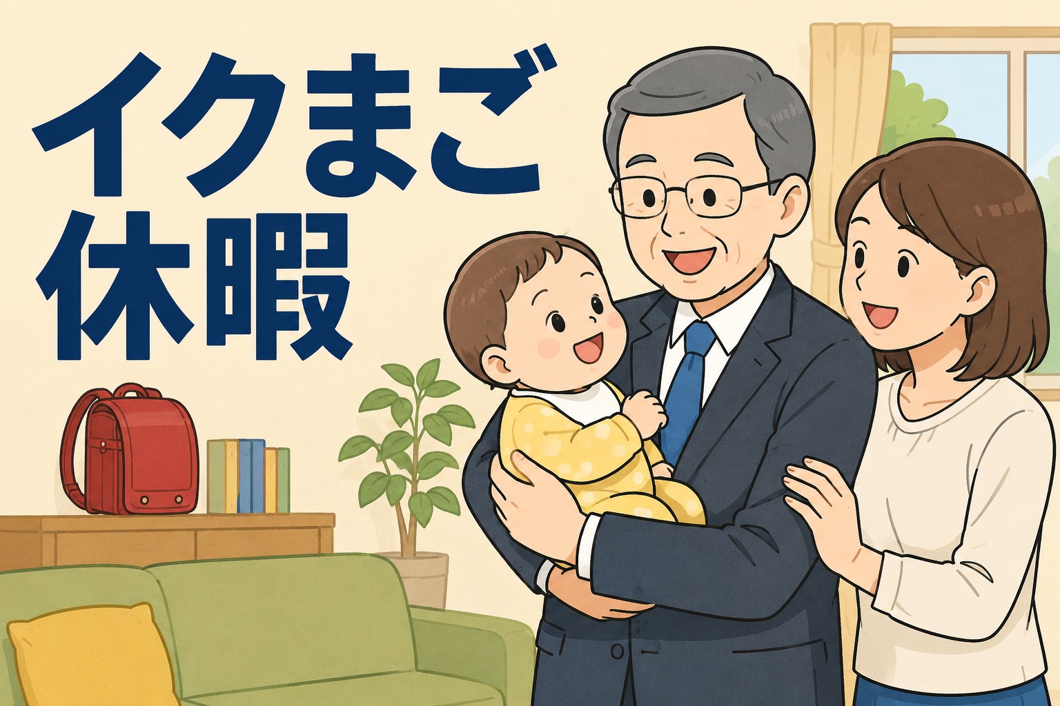 孫の育児を支援するための「イクまご休暇」を利用する祖父と家族のイラスト