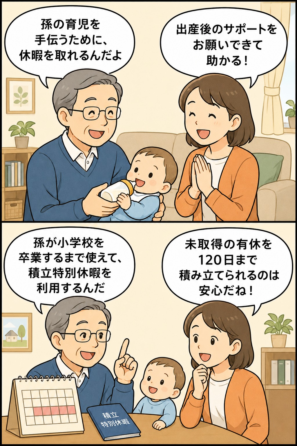 イクまご休暇を使って孫の育児や出産後のサポートをする祖父と家族の解説マンガ