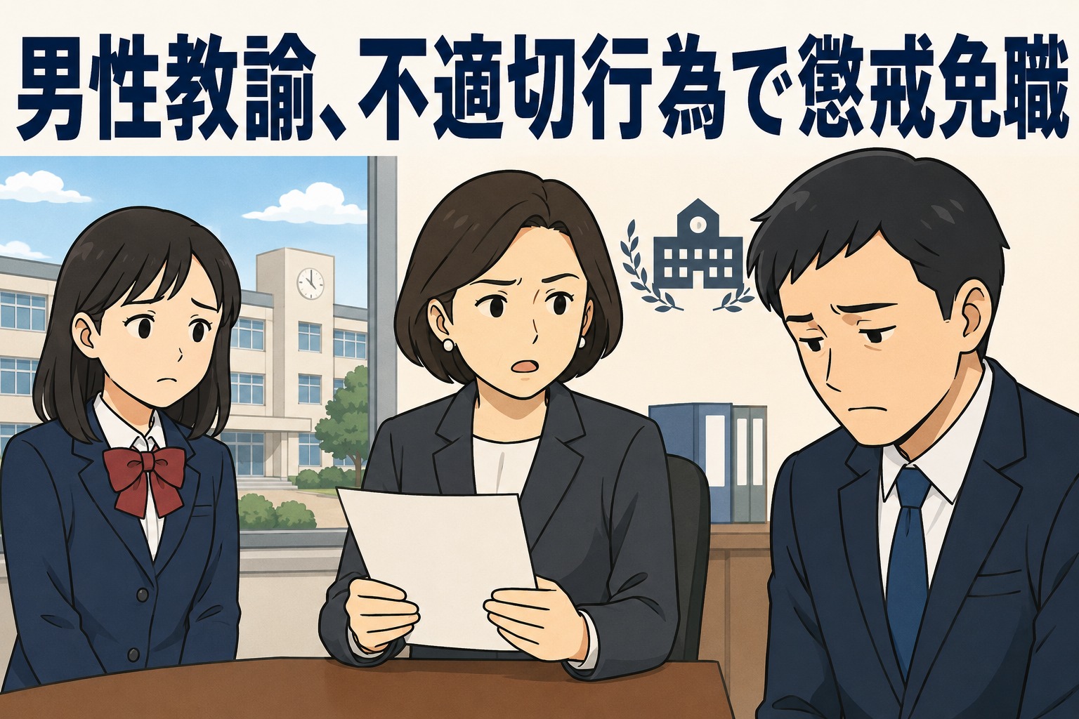 広島県の県立高校で男性教諭が女子生徒への不適切行為により懲戒免職となった問題を示すイラスト